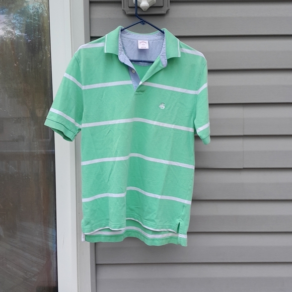 Brooks Brothers Green and White Polo Shirt  Stripes 100% Cotton Small Slim Fit - Picture 1 of 6
